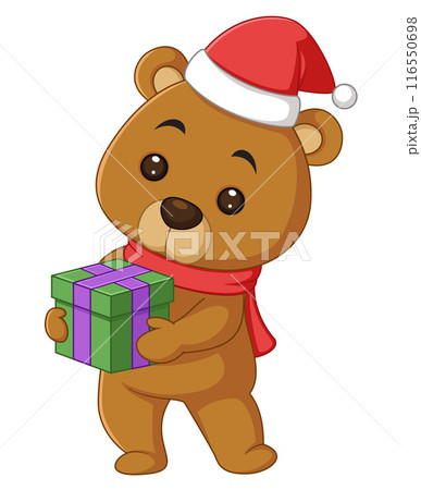 Cute bear with red scarf and santa hat holding gift of illustration 116550698