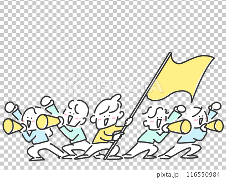 大きな旗とメガホンで笑顔で応援する人々 手描きイラスト 大きな旗とメガホンで笑顔で応援する人々 手描きイラスト 116550984