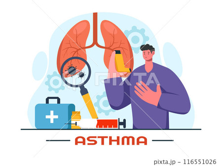 Asthma Disease Vector Illustration Featuring Human Lungs and Inhalers for Breathing in a Healthcare Flat Style Cartoon Background 116551026