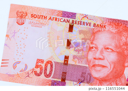 Nelson Rolihlahla Mandela portrait is from South Africa 50 rand note is issued by National Bank of South Africa as nation official currency front view 116551044