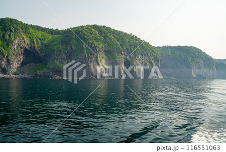 知床半島クルーズ船のデッキから眺める断崖絶壁の海岸線 知床半島クルーズ船のデッキから眺める断崖絶壁の海岸線 116551063