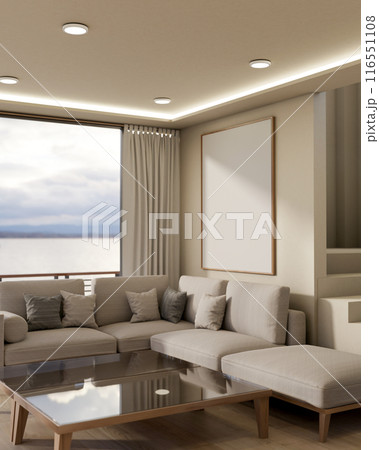 A modern, luxurious living room features a couch, a coffee table, a large window with a lake view. A modern, luxurious living room features a couch, a coffee table, a large window with a lake view. 116551108