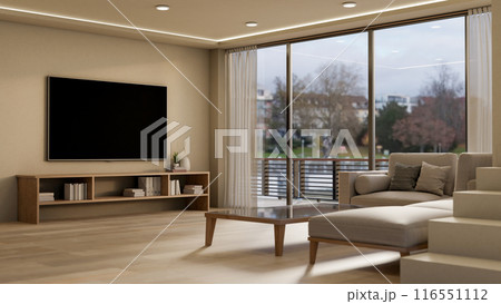 A contemporary living room features a couch, a coffee table, a TV on the wall, and a parquet floor. 116551112