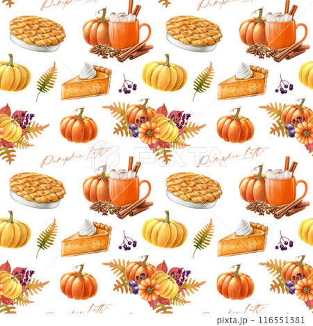 Thanksgiving traditional food, drink and flower decor seamless pattern. Painted illustration. Autumn mood seamless pattern in warm colors. Hand drawn pumpkin, apple pie, caramel latte, floral elements 116551381