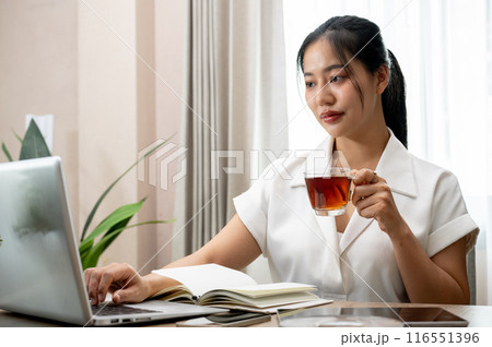 A gorgeous businesswoman is focusing on working on her computer, reading emails while having coffee. 116551396