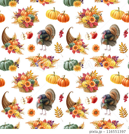 Thanksgiving decor element bright seamless pattern. Watercolor vintage style illustration. Traditional Thanksgiving decoration, pumpkins, turkey bird. Warm autumn colors seamless pattern design Thanksgiving decor element bright seamless pattern. Watercolor vintage style illustration. Traditional Thanksgiving decoration, pumpkins, turkey bird. Warm autumn colors seamless pattern design 116551397