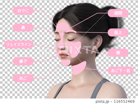 女性が気になる顔脱毛の施術部位のイラスト 日本人3Dモデルの上半身バストアップ 斜め横向き 横顔 116552469