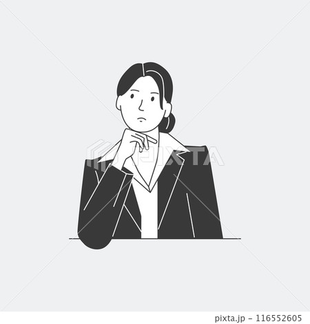 Professional business woman illustration thinking in business suit with hair tied career switch envy unhappy busy stressed out simple drawing 116552605