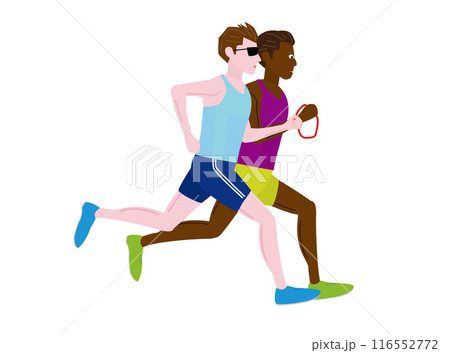 視覚障害者がマラソン大会を走っているイラスト素材です。ガイドランナーが伴走しています。 116552772