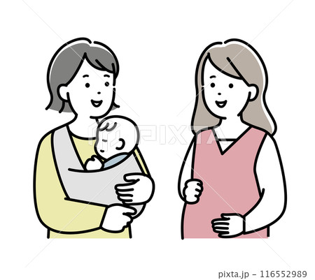 会話をする赤ちゃんを抱いたお母さんと妊婦さん 会話をする赤ちゃんを抱いたお母さんと妊婦さん 116552989