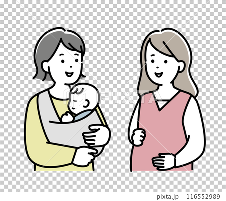 会話をする赤ちゃんを抱いたお母さんと妊婦さん 会話をする赤ちゃんを抱いたお母さんと妊婦さん 116552989