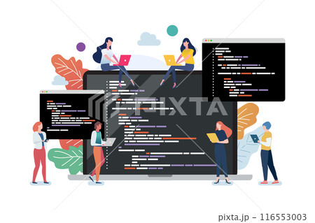 People with coding on laptop screen. Concept of computer programming or developing software or game. People with coding on laptop screen. Concept of computer programming or developing software or game. 116553003