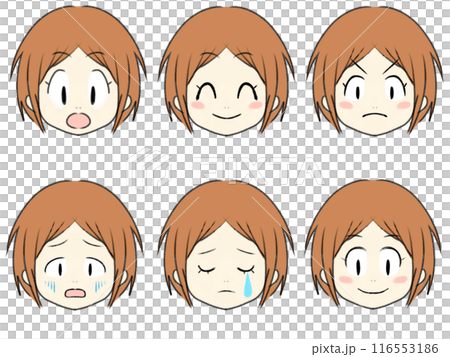 各種表情的棕色頭髮短髮女性插圖集 116553186