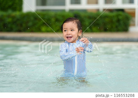 happy toddler baby playing water splashing in swimming pool 116553208
