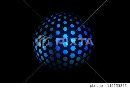 Blue neon hexagon pattern sphere. 3d halftone hemisphere concept. Glowing globe futuristic element. Round shape for tech poster, banner, cover, emblem, booklet, leaflet. Vector illustration Blue neon hexagon pattern sphere. 3d halftone hemisphere concept. Glowing globe futuristic element. Round shape for tech poster, banner, cover, emblem, booklet, leaflet. Vector illustration 116553253