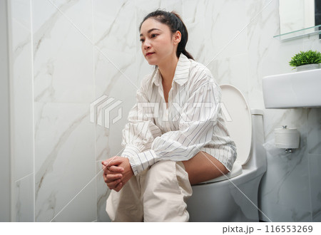 happy woman sitting on a toilet bowl in bathroom happy woman sitting on a toilet bowl in bathroom 116553269