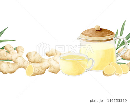 Ginger herbal tea in glass teapot and cup watercolor seamless border isolated on white background. Hand drawn organic hot beverage for traditional healthy recipes and cafe menu 116553359