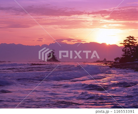 雨晴海岸より見る標高3,000m級の立山連峰から昇る初日の出/日本の渚百選/能登半島国定公園 雨晴海岸より見る標高3,000m級の立山連峰から昇る初日の出/日本の渚百選/能登半島国定公園 116553391