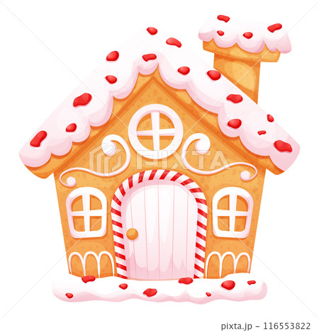 Gingerbread house with wonder door and windows cute ornament and sweets in cartoon style isolated on white background.  116553822