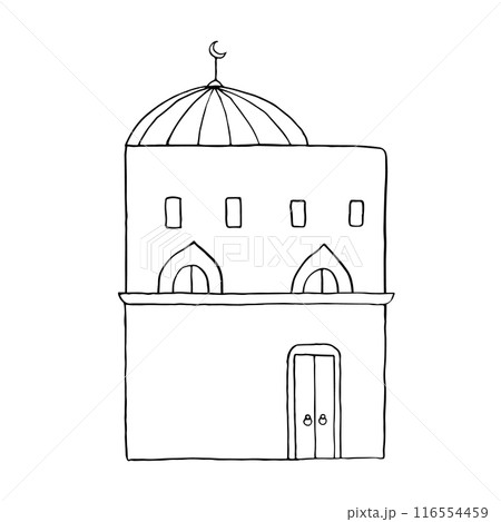Arabic two story house with door, window and dome line vector illustration. Simple black and white Middle East double decker building in Jordan, Egypt, Emirates, Saudi Arabia or Morocco 116554459