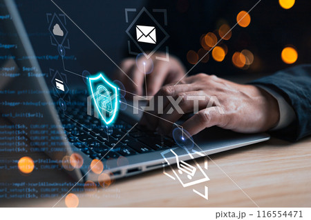 Businessmen protect personal data information from viruses on a laptop with virtual screen interfaces. Cyber security and privacy protection network security computer and safe data concept. Businessmen protect personal data information from viruses on a laptop with virtual screen interfaces. Cyber security and privacy protection network security computer and safe data concept. 116554471