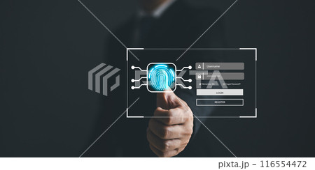 Businessman protecting personal data on finger print with virtual screen interfaces. Cyber security and privacy concepts to protect data. Lock icon and internet network security technology. Businessman protecting personal data on finger print with virtual screen interfaces. Cyber security and privacy concepts to protect data. Lock icon and internet network security technology. 116554472
