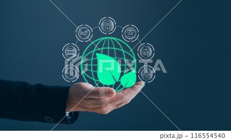 human are raising the planet to save energy,and reduce global warming,idea for environment conscious business,carbon credit,reducing greenhouse gas emissions,ESG for Environment Social and Governance 116554540