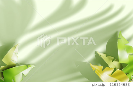 3d green background with tropical leaves and palm leaf shadow on wall render. Nature summer advertising banner frame with exotic plant branches, empty space for product presentation. 3D illustration 3d green background with tropical leaves and palm leaf shadow on wall render. Nature summer advertising banner frame with exotic plant branches, empty space for product presentation. 3D illustration 116554688