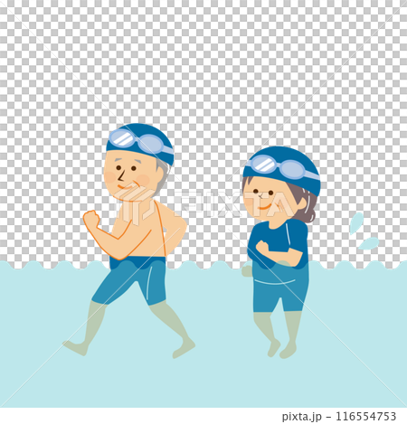 水中ウォーキングをするシニアカップル　イラスト 116554753