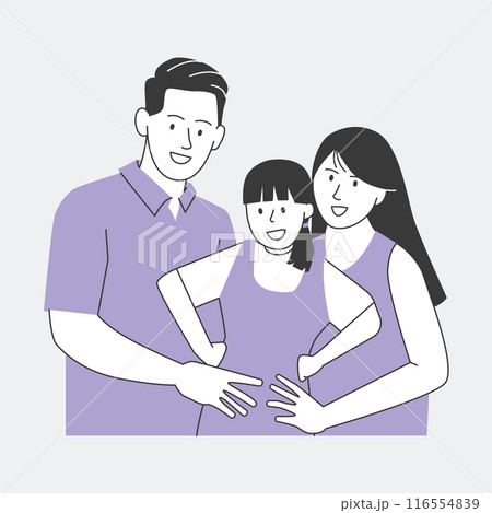 Family of three happy smiling daughter with mother and father posing portrait illustration simple line drawing Family of three happy smiling daughter with mother and father posing portrait illustration simple line drawing 116554839