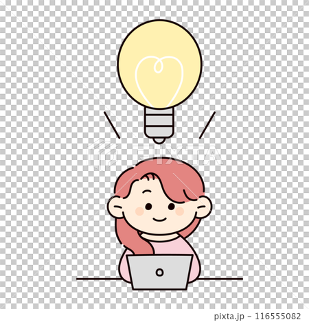 Illustration of a person having an idea while working on a computer 116555082