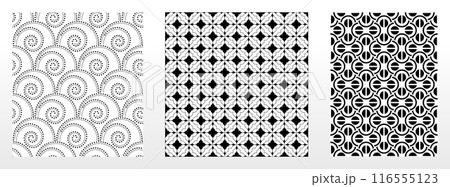 Geometric set of seamless black and white patterns. Simple vector graphics. 116555123