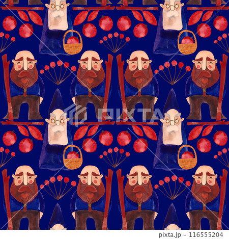 Autumn gnomes. Watercolor seamless pattern for fabrics, home textiles, clothes and wrapping paper. Fairytale vintage style. Dark blue background. 116555204