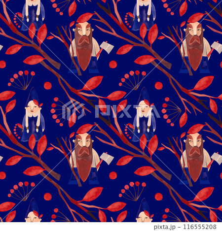 Autumn gnomes. Watercolor seamless pattern for fabrics, home textiles, clothes and wrapping paper. Fairytale vintage style. Dark blue background. 116555208