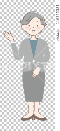 Senior woman in a suit giving directions, full body Senior woman in a suit giving directions, full body 116555381