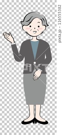 Senior woman in a suit giving directions, full body Senior woman in a suit giving directions, full body 116555382