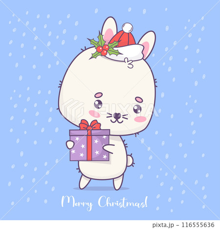 Christmassy cute bunny in Santa hat with gift box. Funny cartoon kawaii animal character. Vector illustration. Festive card Merry Christmas. Kids collection Christmassy cute bunny in Santa hat with gift box. Funny cartoon kawaii animal character. Vector illustration. Festive card Merry Christmas. Kids collection 116555636