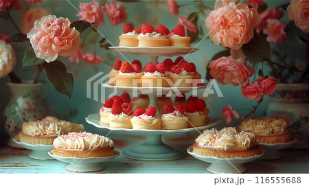 A three-tier plate with many cakes decorated with cream and raspberries, next to four plates with large cakes. 116555688