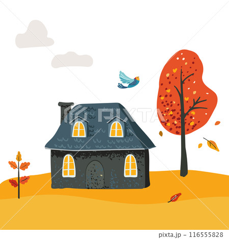 Cartoon evening Village House with a tiled roof. Folk red leaves on a tree. Postcard and poster. For children print and textiles Cartoon evening Village House with a tiled roof. Folk red leaves on a tree. Postcard and poster. For children print and textiles 116555828