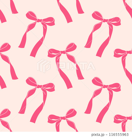 Seamless pattern with ribbon bows. Ballet, coquette core print. Hand drawn pink girly background Seamless pattern with ribbon bows. Ballet, coquette core print. Hand drawn pink girly background 116555963