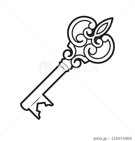 Illustration of a vintage antique key. Linear sketch. Printable flat print Illustration of a vintage antique key. Linear sketch. Printable flat print 116555968