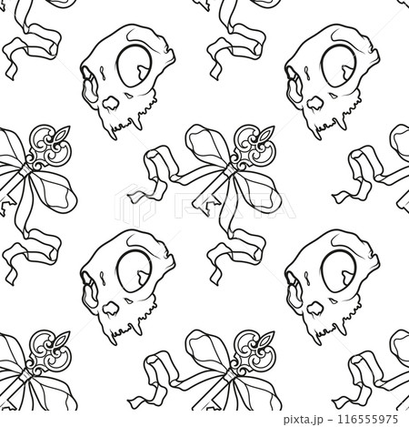 Vintage pattern with bow, ribbon, key, skull. Gothic background for Halloween Vintage pattern with bow, ribbon, key, skull. Gothic background for Halloween 116555975