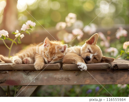 Peaceful scene featuring ginger kittenpuppy sleeping together on wooden bench  116555984