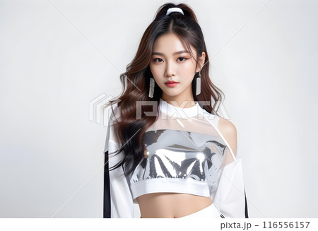 派手な髪色とカジュアルな服を着たおしゃれな若くて美しい女性のポートレート　AI生成 116556157