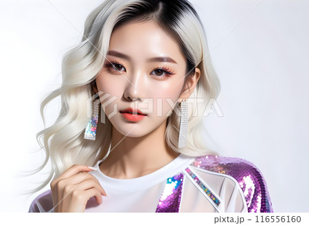 派手な髪色とカジュアルな服を着たおしゃれな若くて美しい女性のポートレート　AI生成 116556160