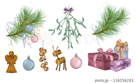 Gift boxes with ribbons, Christmas decorations, pine branches hand drawn. Xmas watercolor illustrations set isolated on white. Wooden toys, glass balls in set. Mistletoe arrangement and fir tree. Gift boxes with ribbons, Christmas decorations, pine branches hand drawn. Xmas watercolor illustrations set isolated on white. Wooden toys, glass balls in set. Mistletoe arrangement and fir tree. 116556283