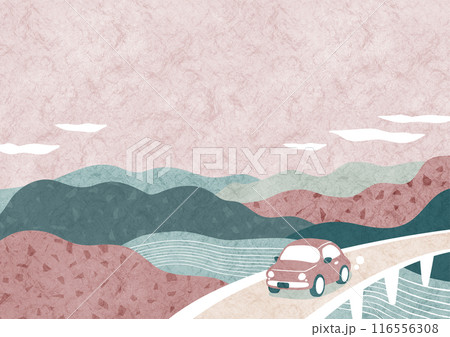 秋の山々を眺めながら車でドライブ 和風でノスタルジックな風景イラスト 116556308