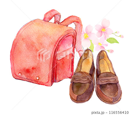 赤いランドセルとローファー　水彩イラスト 116556410