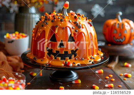 Halloween cake shaped like a jack-o-lantern, adorned with vibrant orange icing and decorated with candy corn and chocolate bits. 116556529
