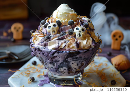Halloween sundae topped with skull candies, chocolate bits, and a swirl of purple and vanilla ice cream. 116556530